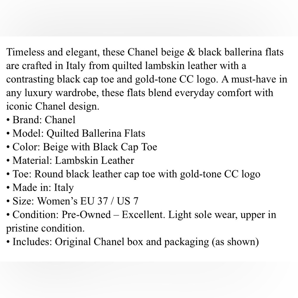 CHANEL Cream and Black Quilted Ballerina Flats 37/7 - Picture 13 of 14